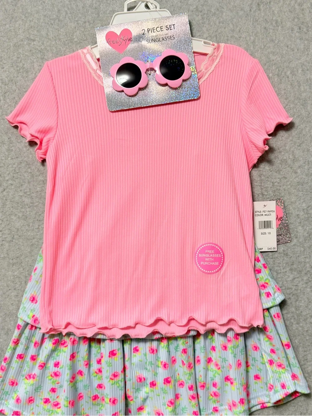 Freestyle Girls Skort and Tee Set NWT Size 10 Pink Blue Floral Ribbed
